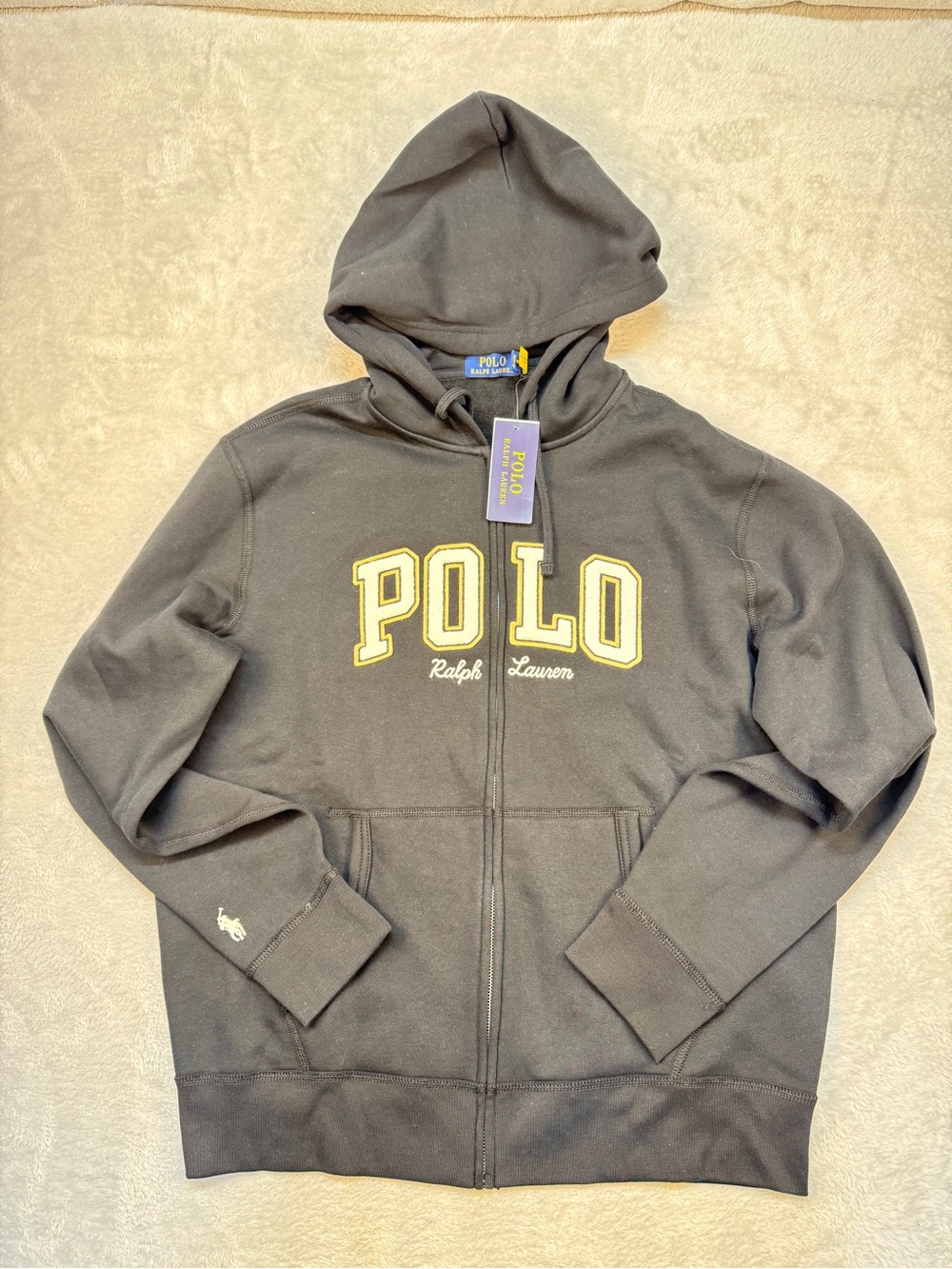 Polo by Ralph Lauren Black Zip-Up Hoodie with Yellow Logo Men’s L Brand New
